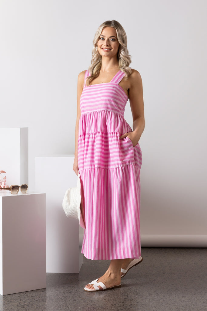 PRE-ORDER Vassalli Sleeveless Tiered Dress Pink Stripe From BoxHill