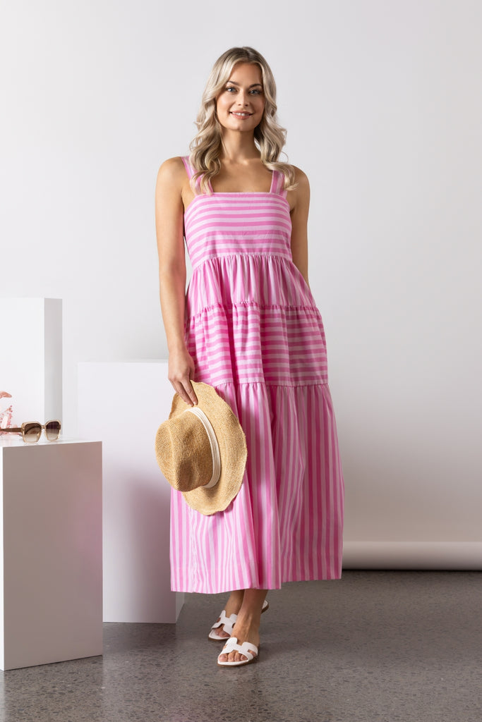 PRE-ORDER Vassalli Sleeveless Tiered Dress Pink Stripe From BoxHill