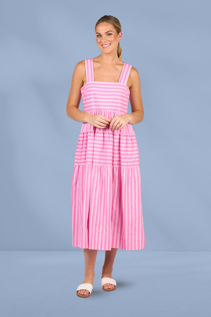 PRE-ORDER Vassalli Sleeveless Tiered Dress Pink Stripe From BoxHill
