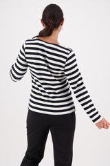 Vassalli V Neck Long Sleeve Top Black White Stripe From BoxHill
