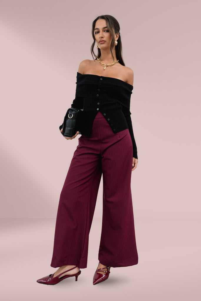 Label of Love Wide Leg Pants Wine From BoxHill