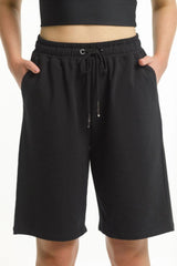 Rose Road Long Sweat Shorts Black with Circular Embroidery From BoxHill