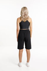 Rose Road Long Sweat Shorts Black with Circular Embroidery From BoxHill