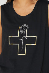 Stella and Gemma Tank Black with White Rose and Gold Cross From BoxHill